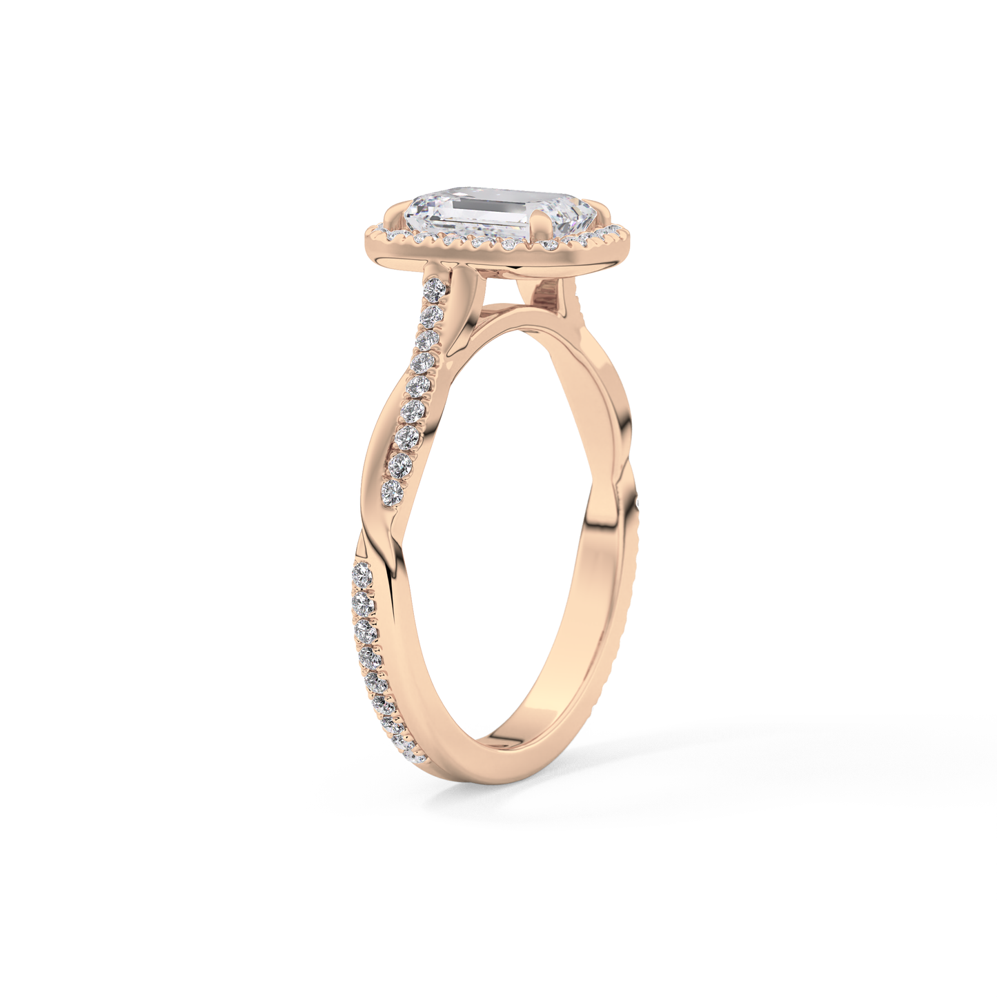 Emerald Twisted Shank, Halo and Pave Lab Grown Diamond Engagement Ring