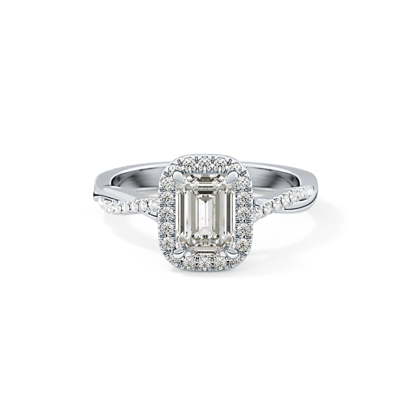 Emerald Twisted Shank, Halo and Pave Lab Grown Diamond Engagement Ring