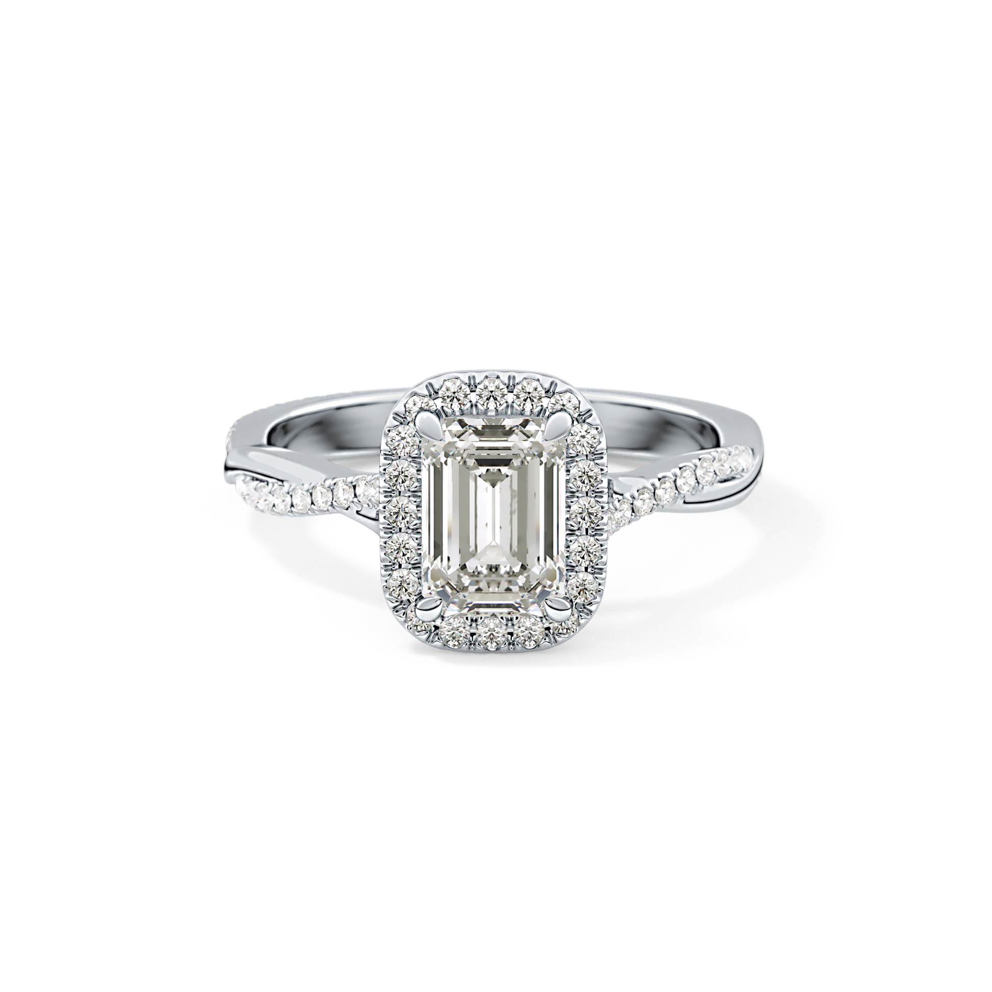 Emerald Twisted Shank, Halo and Pave Lab Grown Diamond Engagement Ring