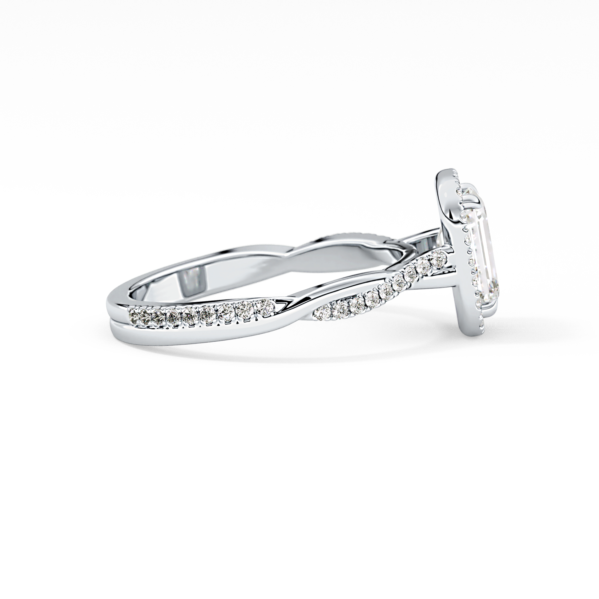 Emerald Twisted Shank, Halo and Pave Lab Grown Diamond Engagement Ring
