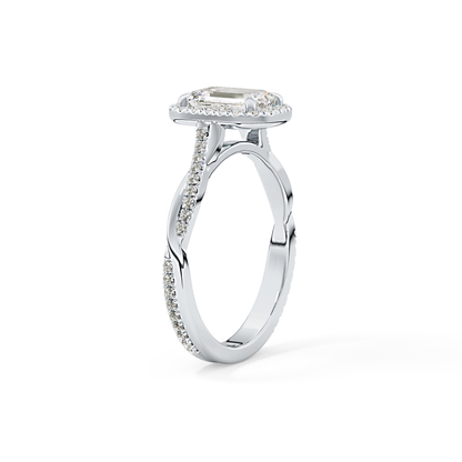 Emerald Twisted Shank, Halo and Pave Lab Grown Diamond Engagement Ring