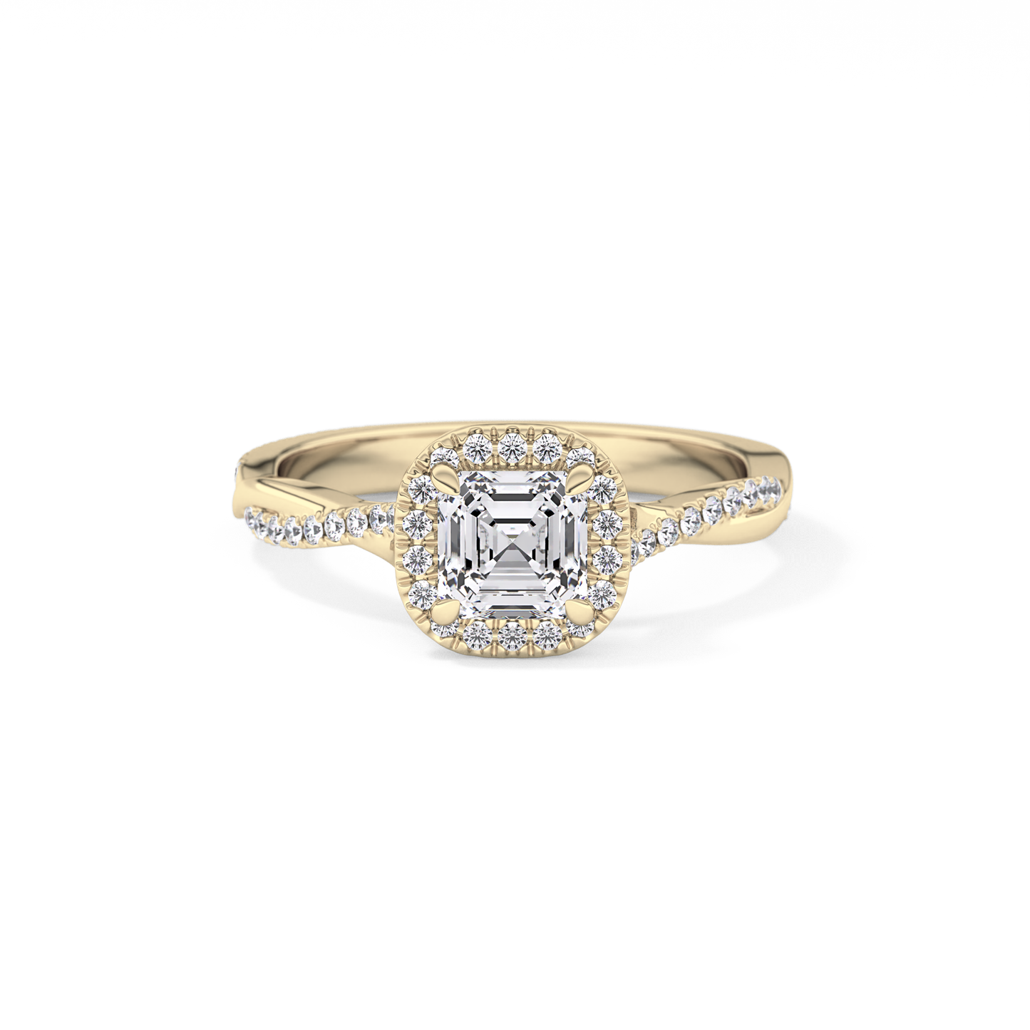 Asscher Twisted Shank, Halo and Pave Lab Grown Diamond Engagement Ring