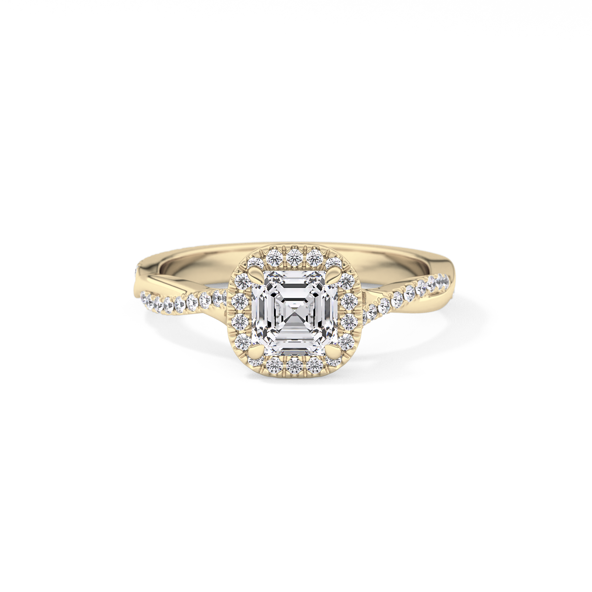 Asscher Twisted Shank, Halo and Pave Lab Grown Diamond Engagement Ring