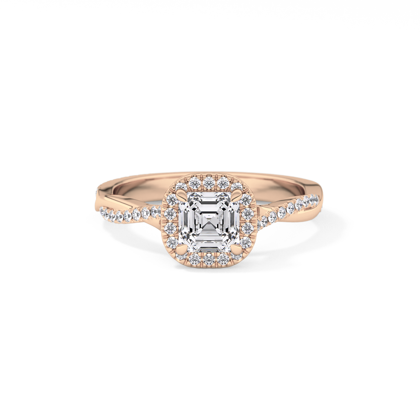 Asscher Twisted Shank, Halo and Pave Lab Grown Diamond Engagement Ring