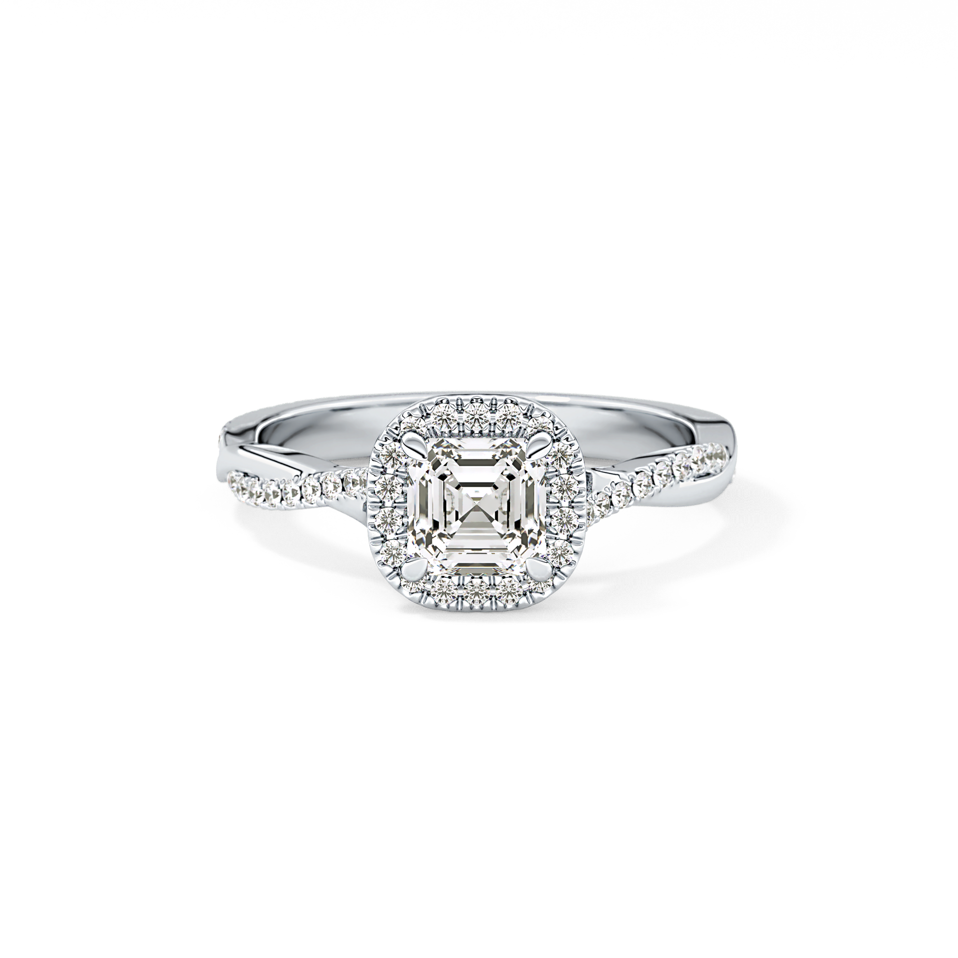Asscher Twisted Shank, Halo and Pave Lab Grown Diamond Engagement Ring