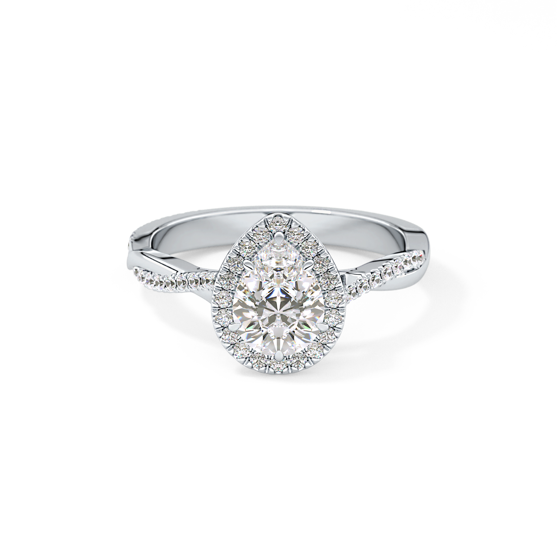 Pear Twisted Shank, Halo and Pave Lab Grown Diamond Engagement Ring