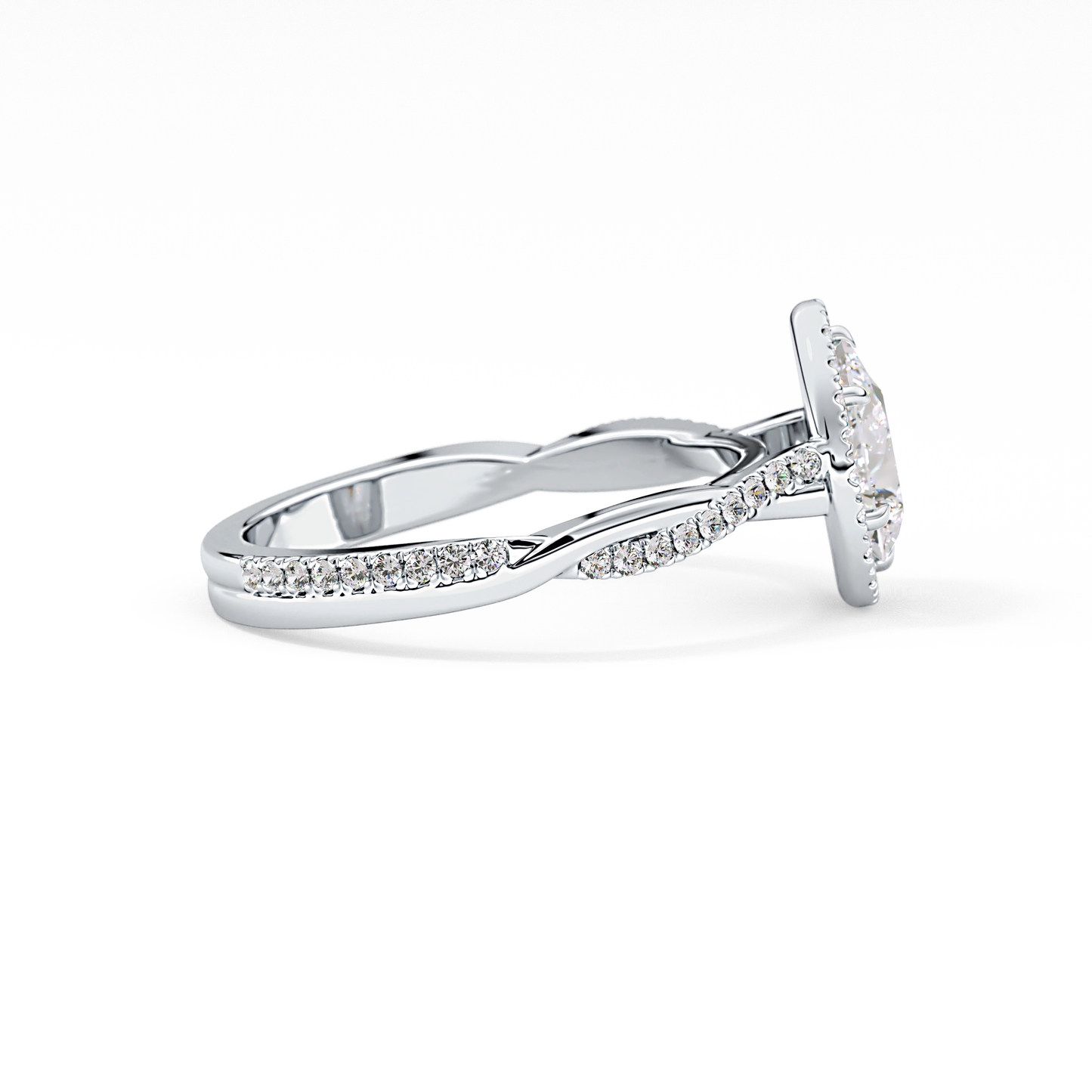 Pear Twisted Shank, Halo and Pave Lab Grown Diamond Engagement Ring