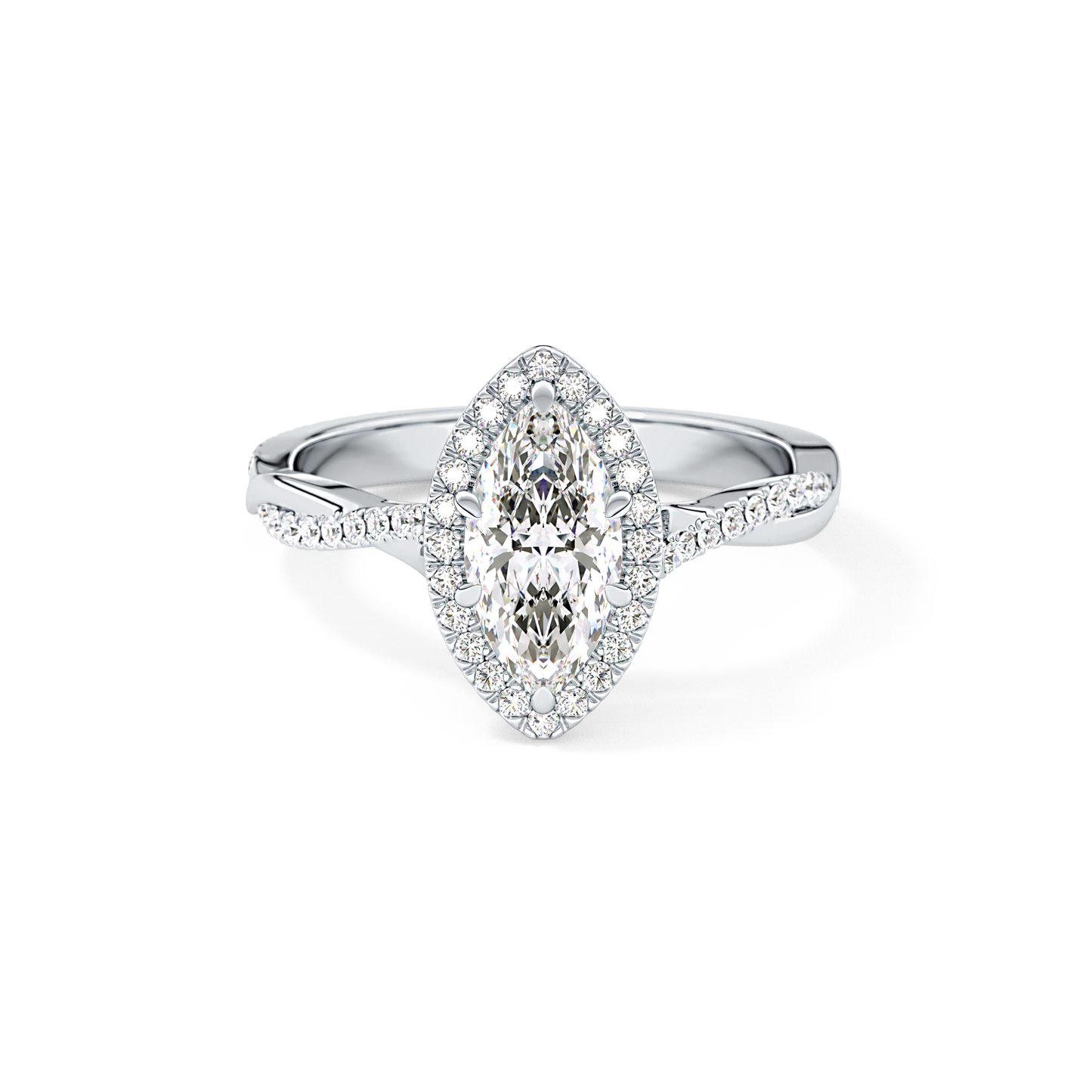 Marquise Twisted Shank, Halo and Pave Lab Grown Diamond Engagement Ring