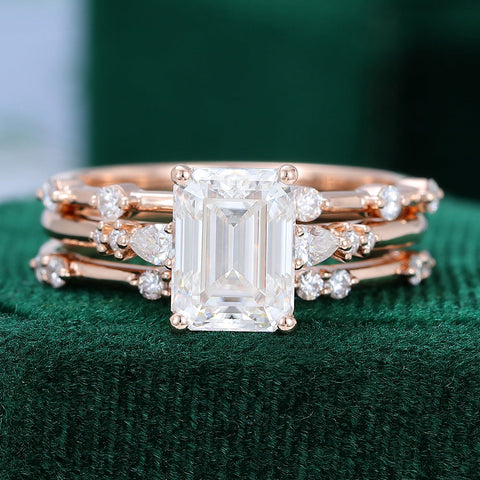 1.60 CT Emerald Moissanite Three Stone  Bridal Ring Set 1