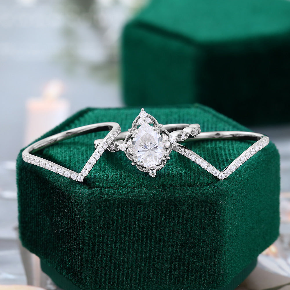 1.50 CT Pear Moissanite Vintage Style Bridal Ring Set 6