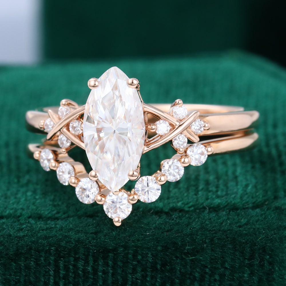 0.90 CT Marquise Moissanite Art Deco Style Bridal Ring Set 3