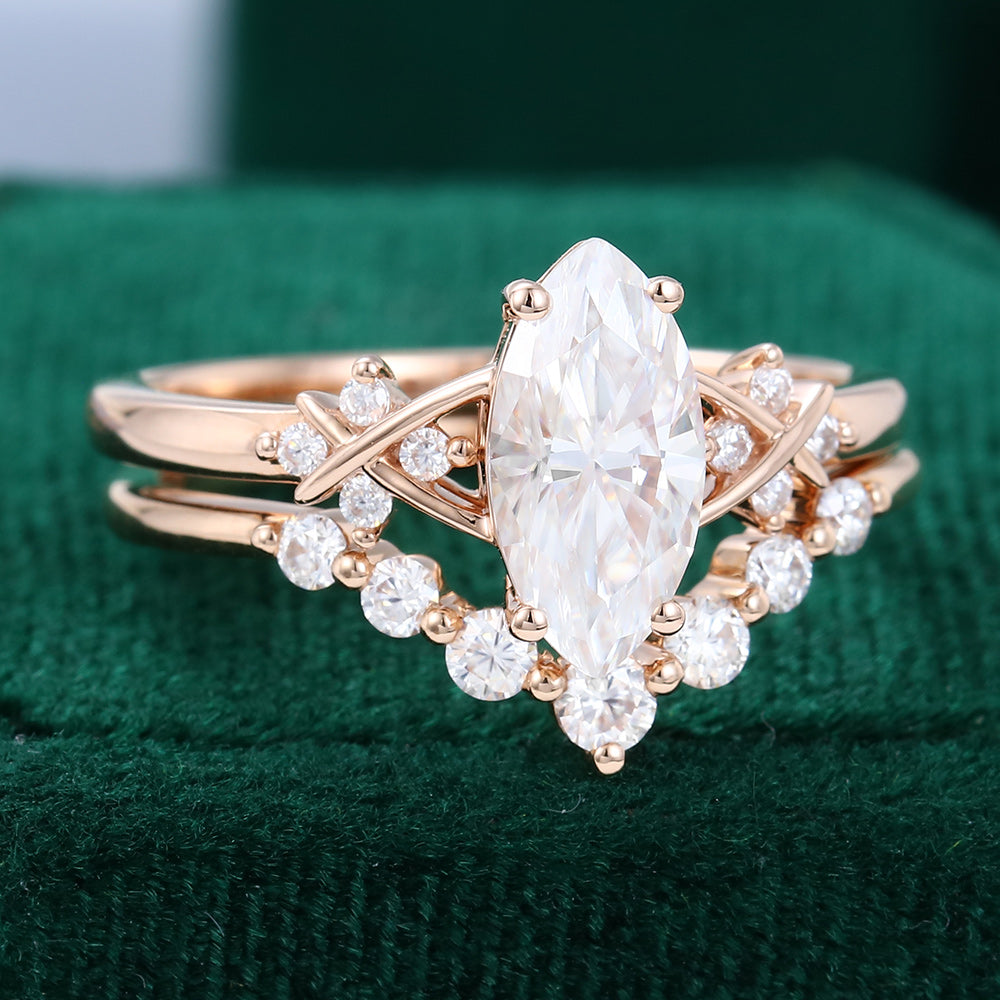 0.90 CT Marquise Moissanite Art Deco Style Bridal Ring Set 4