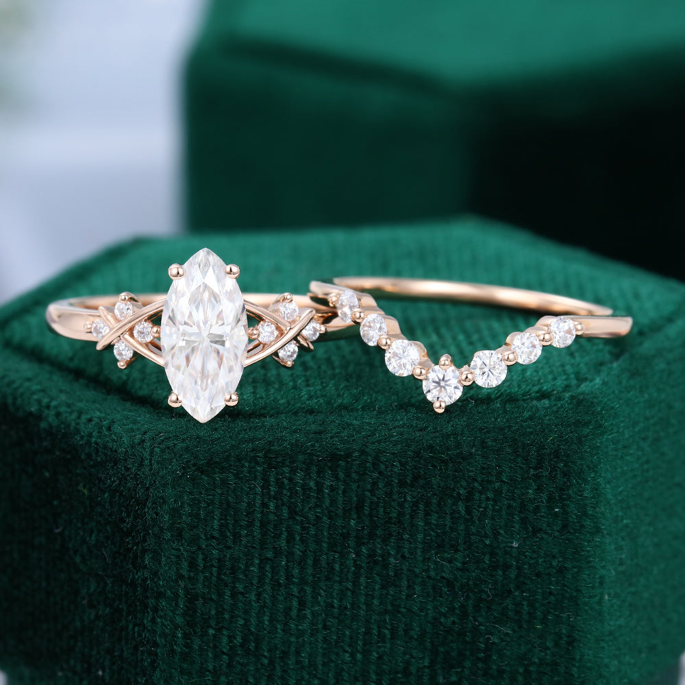 0.90 CT Marquise Moissanite Art Deco Style Bridal Ring Set 5