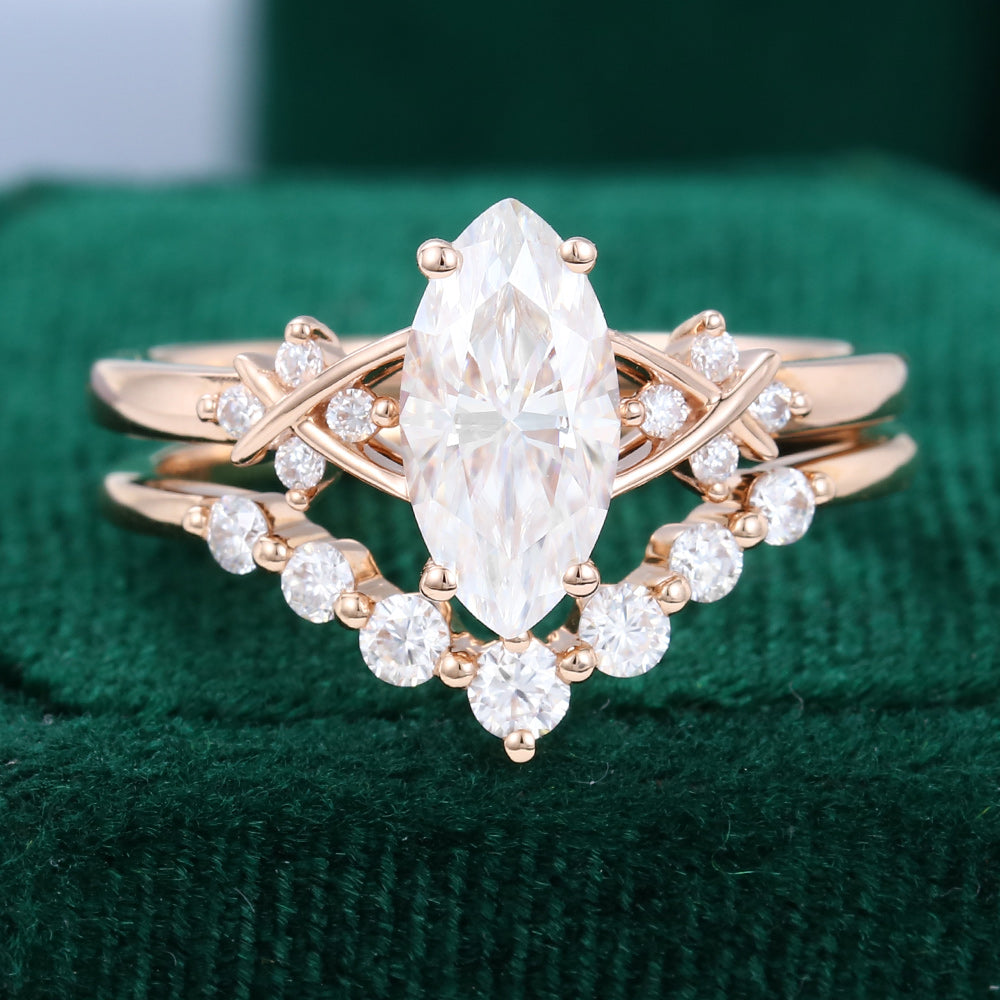 0.90 CT Marquise Moissanite Art Deco Style Bridal Ring Set 1