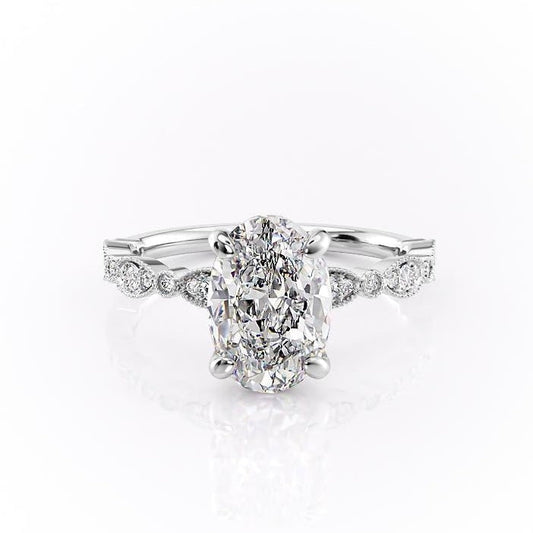 2.10 CT Oval Solitaire & Milgrain Pave Moissanite Engagement Ring 6