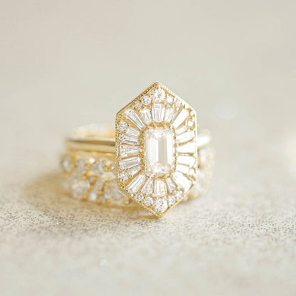 0.56 CT Emerald Cut Ballerina Art Deco Moissanite Diamond Engagement Ring