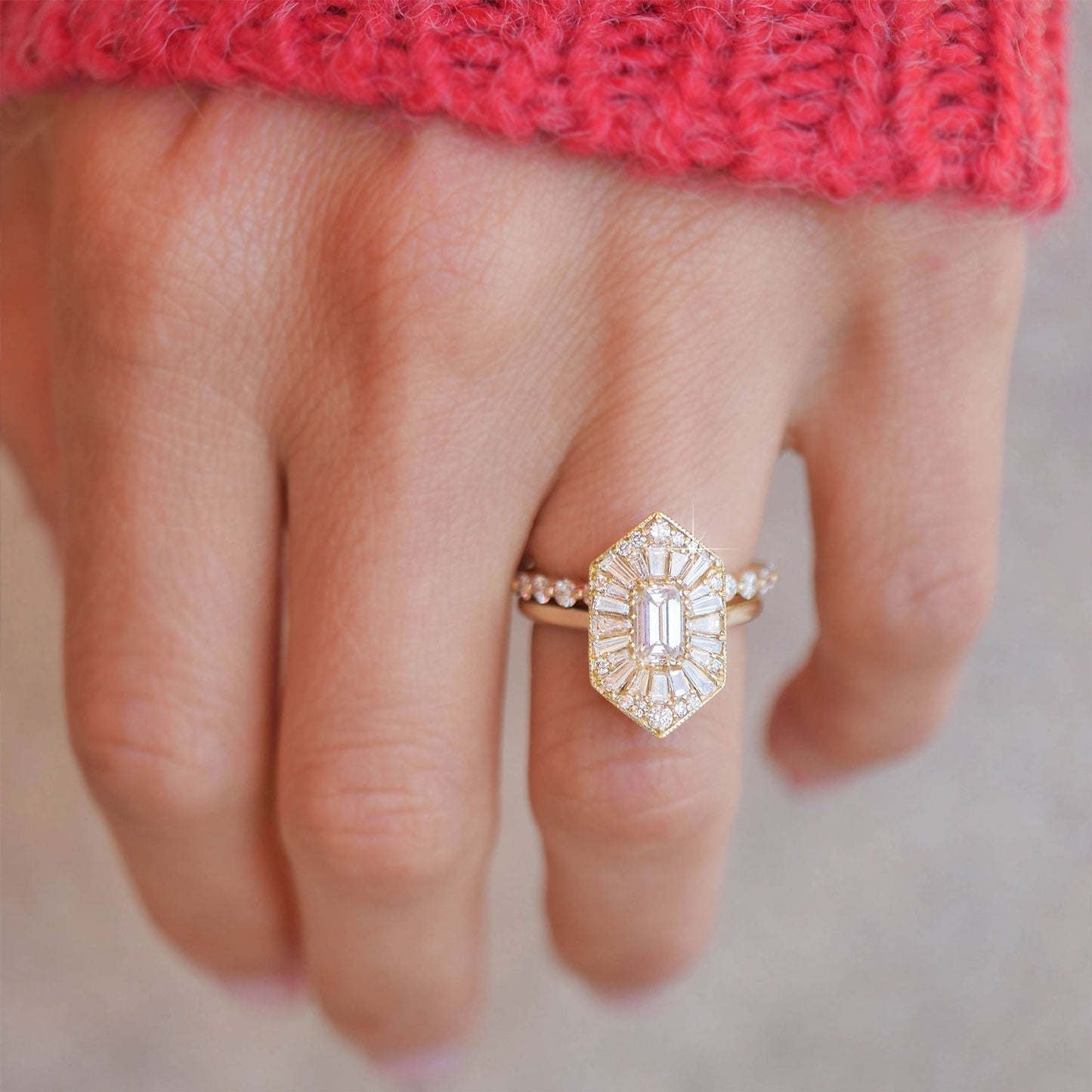 0.56 CT Emerald Cut Ballerina Art Deco Moissanite Diamond Engagement Ring