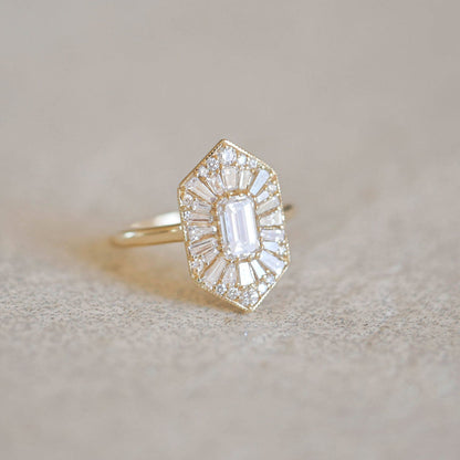 0.56 CT Emerald Cut Ballerina Art Deco Moissanite Diamond Engagement Ring