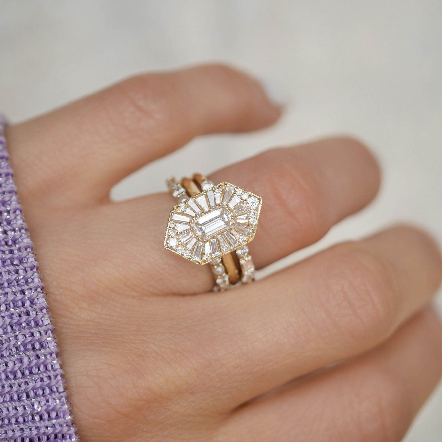 0.56 CT Emerald Cut Ballerina Art Deco Moissanite Diamond Engagement Ring