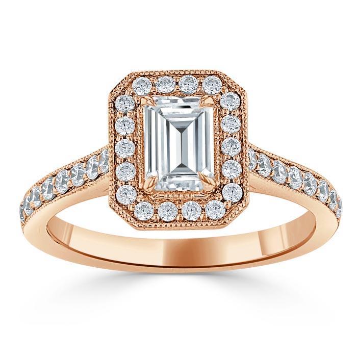 1.0 CT Emerald Cut Halo Moissanite Engagement Ring With Pave Setting 7