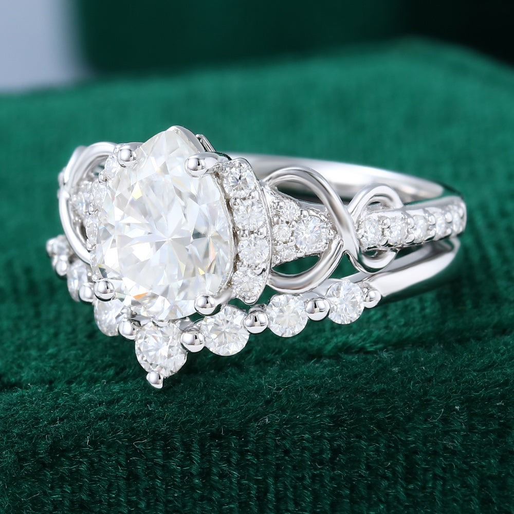 1.50 CT Pear Moissanite Cluster Art Deco Style Bridal Ring Set 2