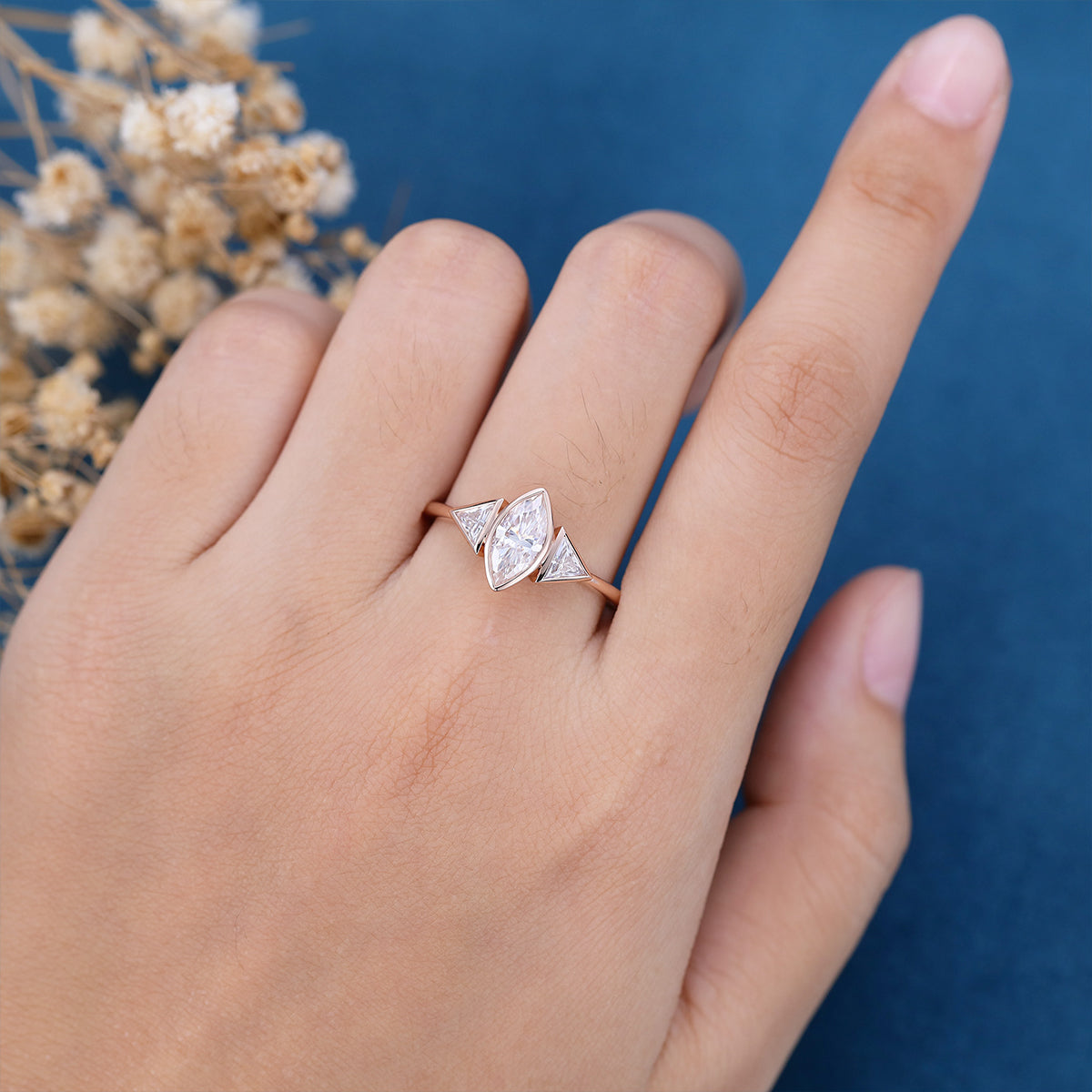 Marquise Bezel & Three Stone Lab Grown Diamond Engagement Ring