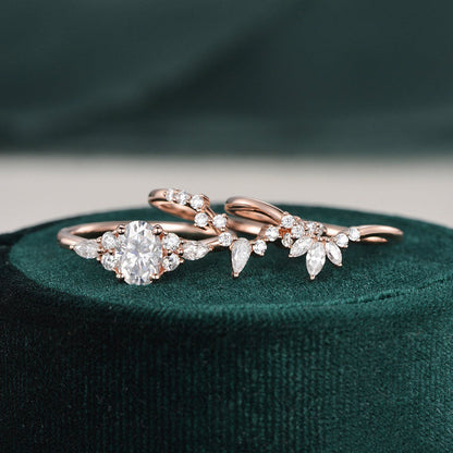 1.0 CT Oval Cut Cluster Halo Moissanite Bridal Ring Set 3