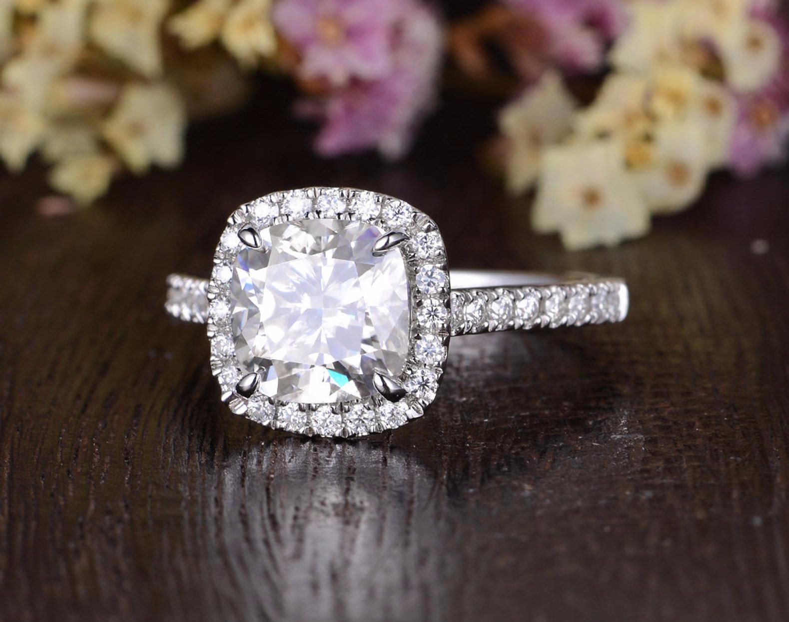 1.0 CT Cushion Cut Halo Moissanite Engagement Ring 5