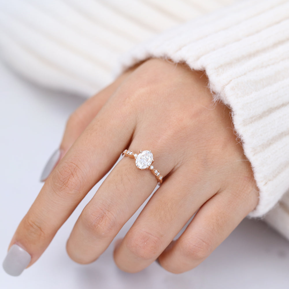 Oval Vinatge Pave Lab-Grown Diamond Engagement Ring