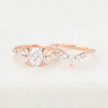 1.33 CT Oval Moissanite Cluster Bridal Ring Set 6