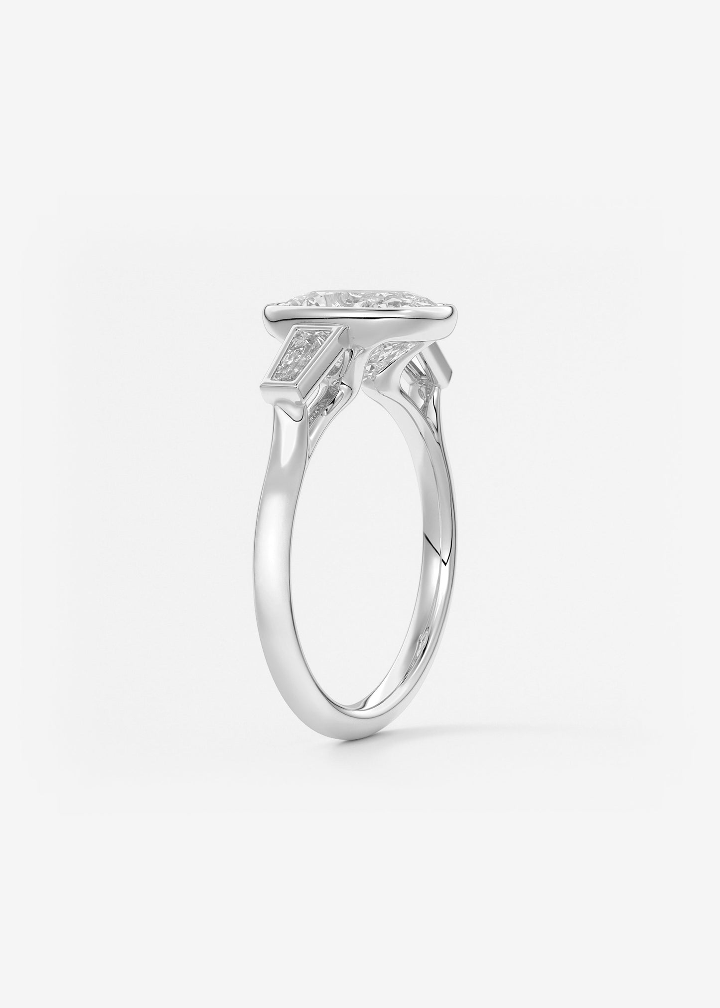 Elongated Cushion Three Stone Bezel Lab Grown Diamond Engagement Ring