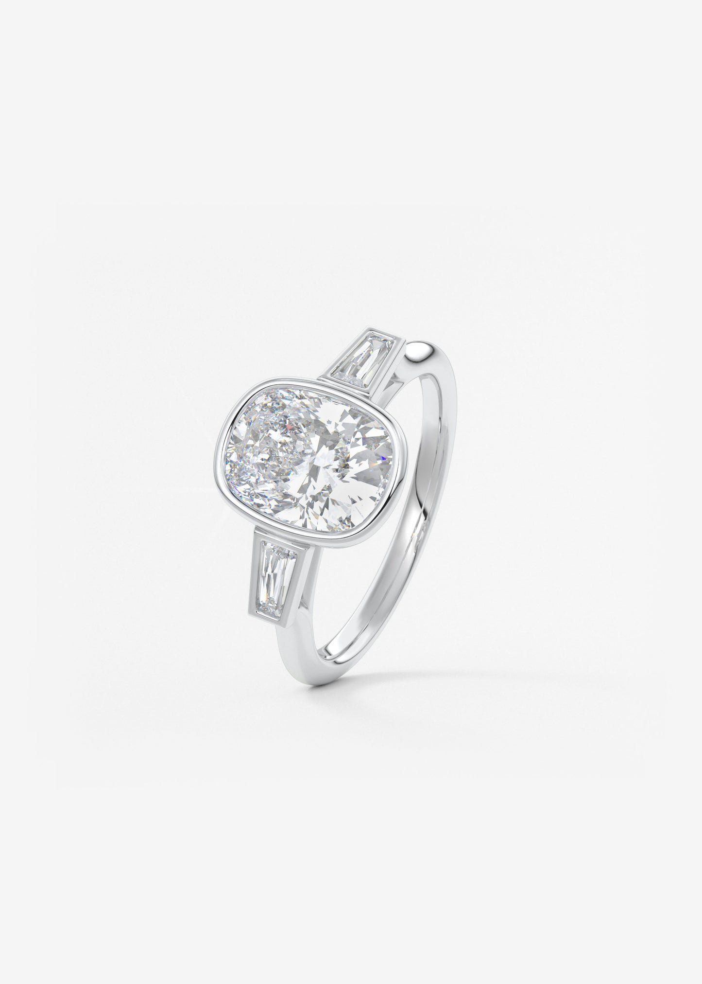 Elongated Cushion Three Stone Bezel Lab Grown Diamond Engagement Ring