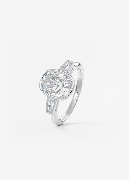 Elongated Cushion Three Stone Bezel Lab Grown Diamond Engagement Ring