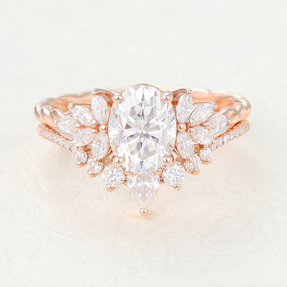 1.33 CT Oval Moissanite Cluster Bridal Ring Set 1