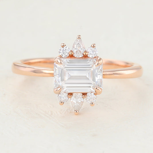 0.92 CT Emerald Shaped Moissanite Cluster Engagement Ring 1