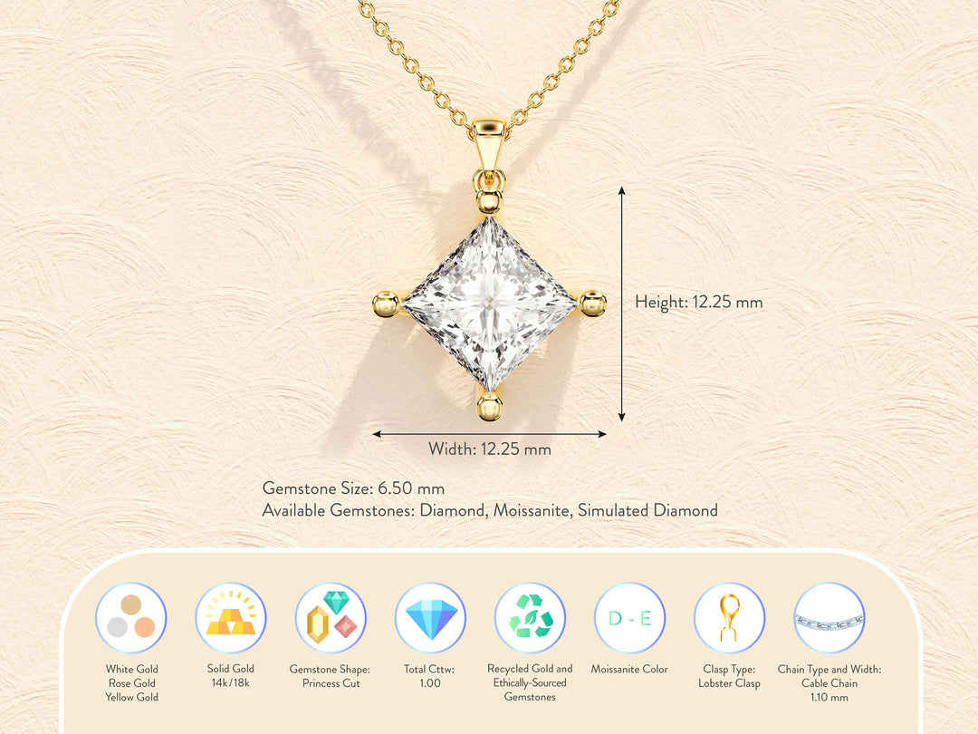 1.0 TCW Princess Shape Moissanite Solitaire Necklace