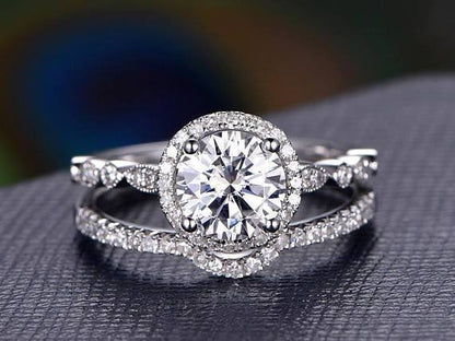 1.5 CT Round Cut Halo Pave Setting Moissanite Bridal Ring Set 3