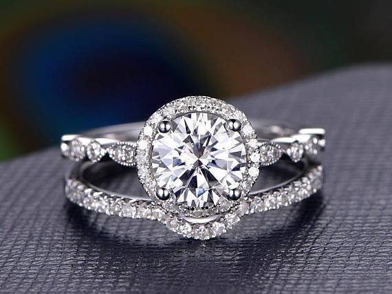 1.5 CT Round Cut Halo Pave Setting Moissanite Bridal Ring Set 3