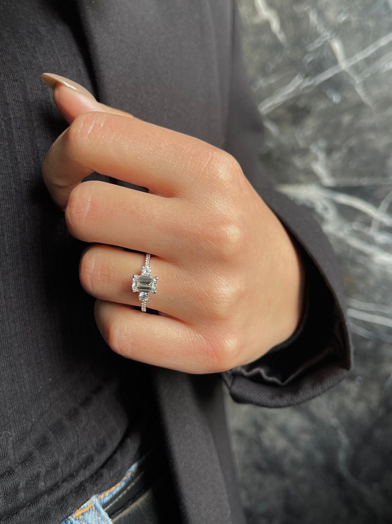 1.0 CT Emerald Three Stone Lab Grown Diamond Engagement Ring