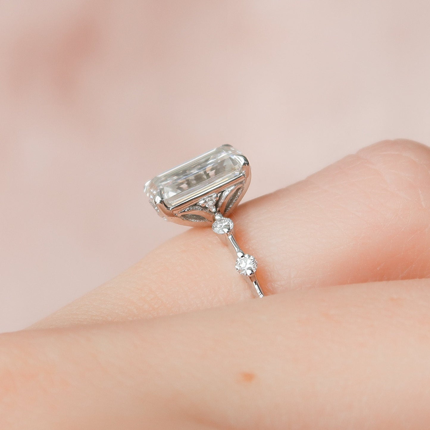 2.5 Ct Emerald Dainty Pave Moissanite Engagement Ring 8