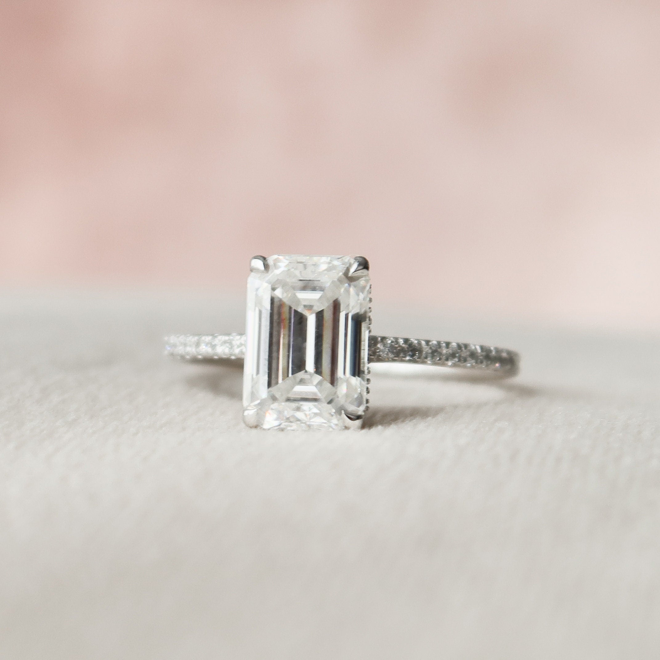 3.0 CT Emerald Cut Hidden Halo & Pave Moissanite Engagement Ring 8