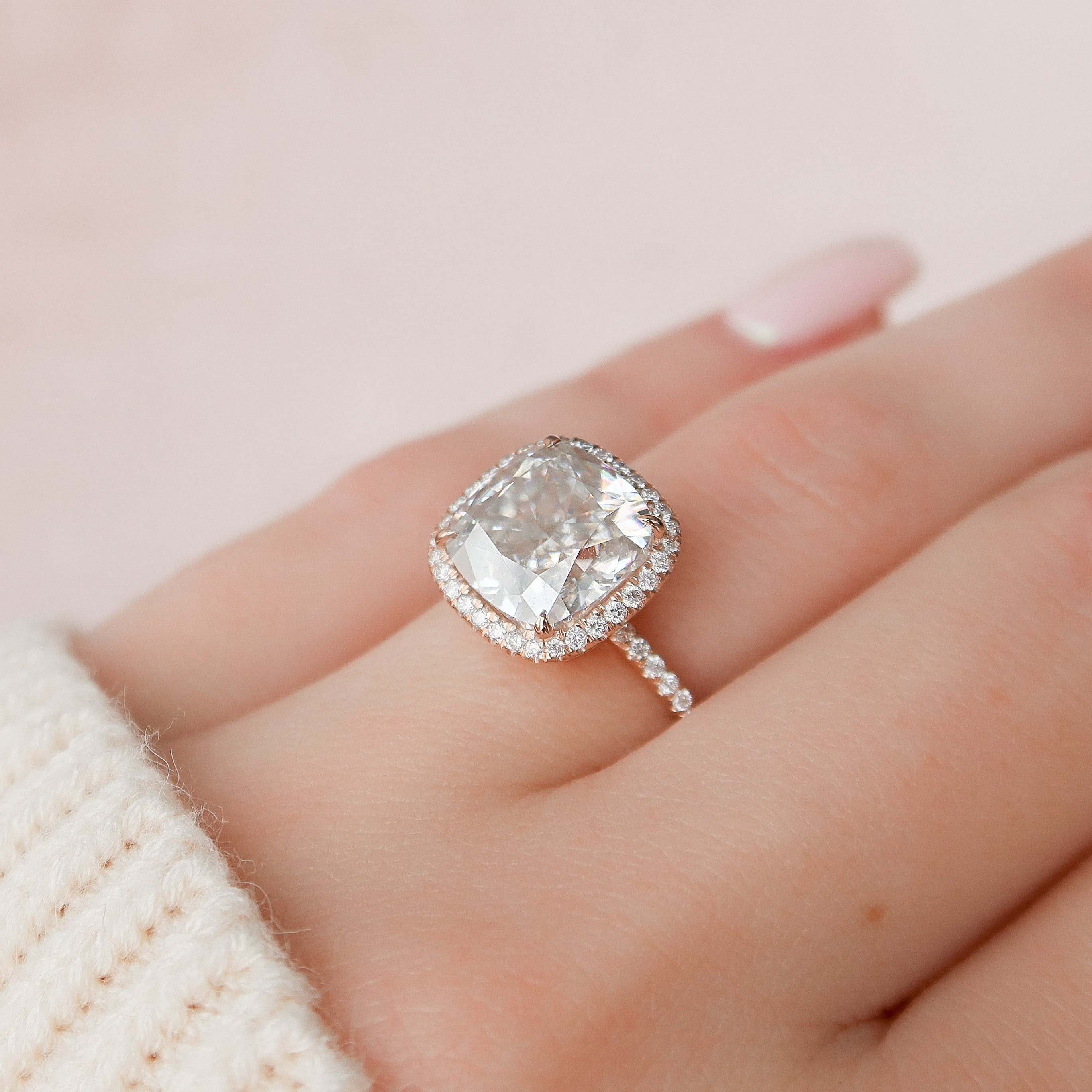 5.0 CT Cushion Halo & Pave Moissanite Engagement Ring 7