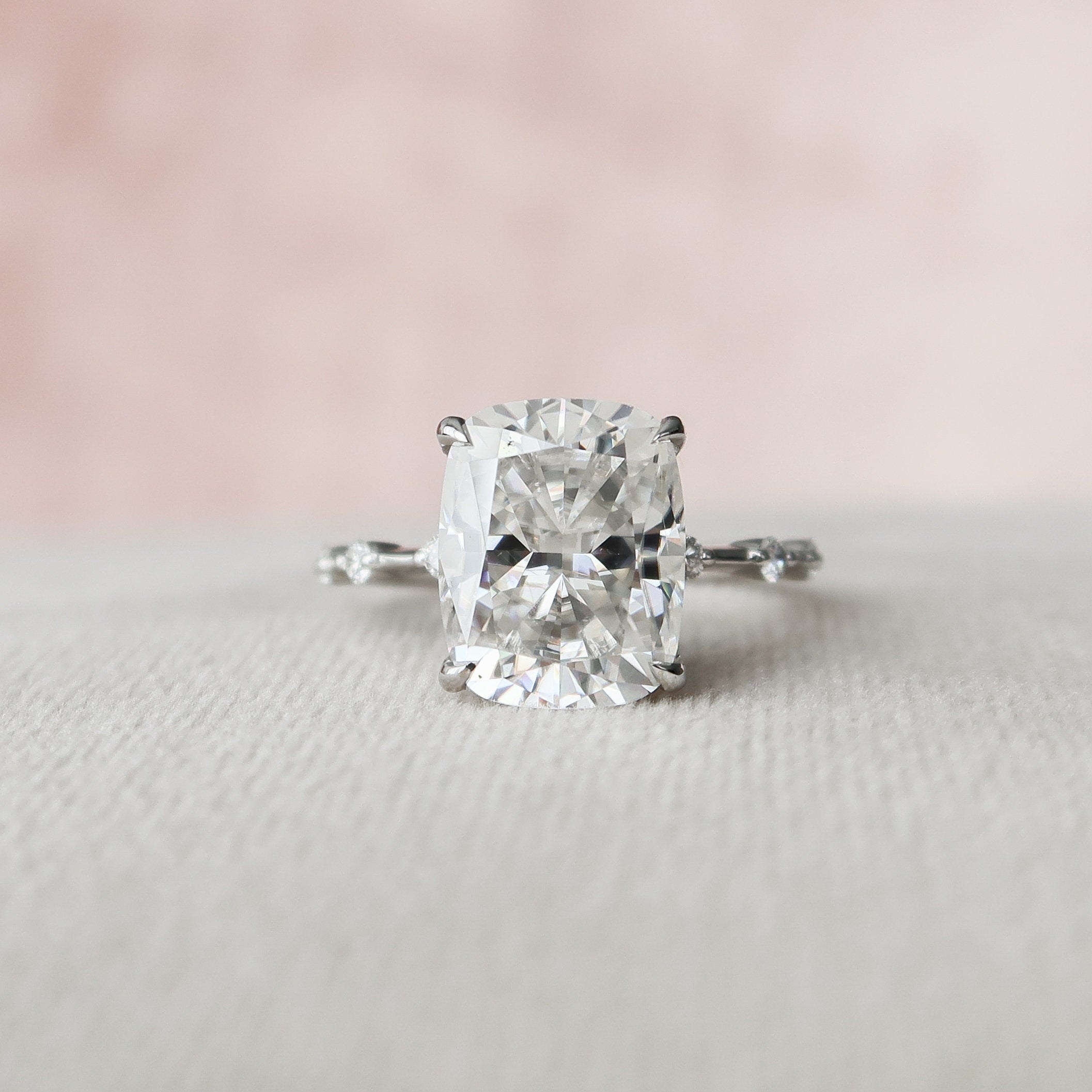 5.0 CT Cushion Solitaire & Dainty Pave Moissanite Engagement Ring 3