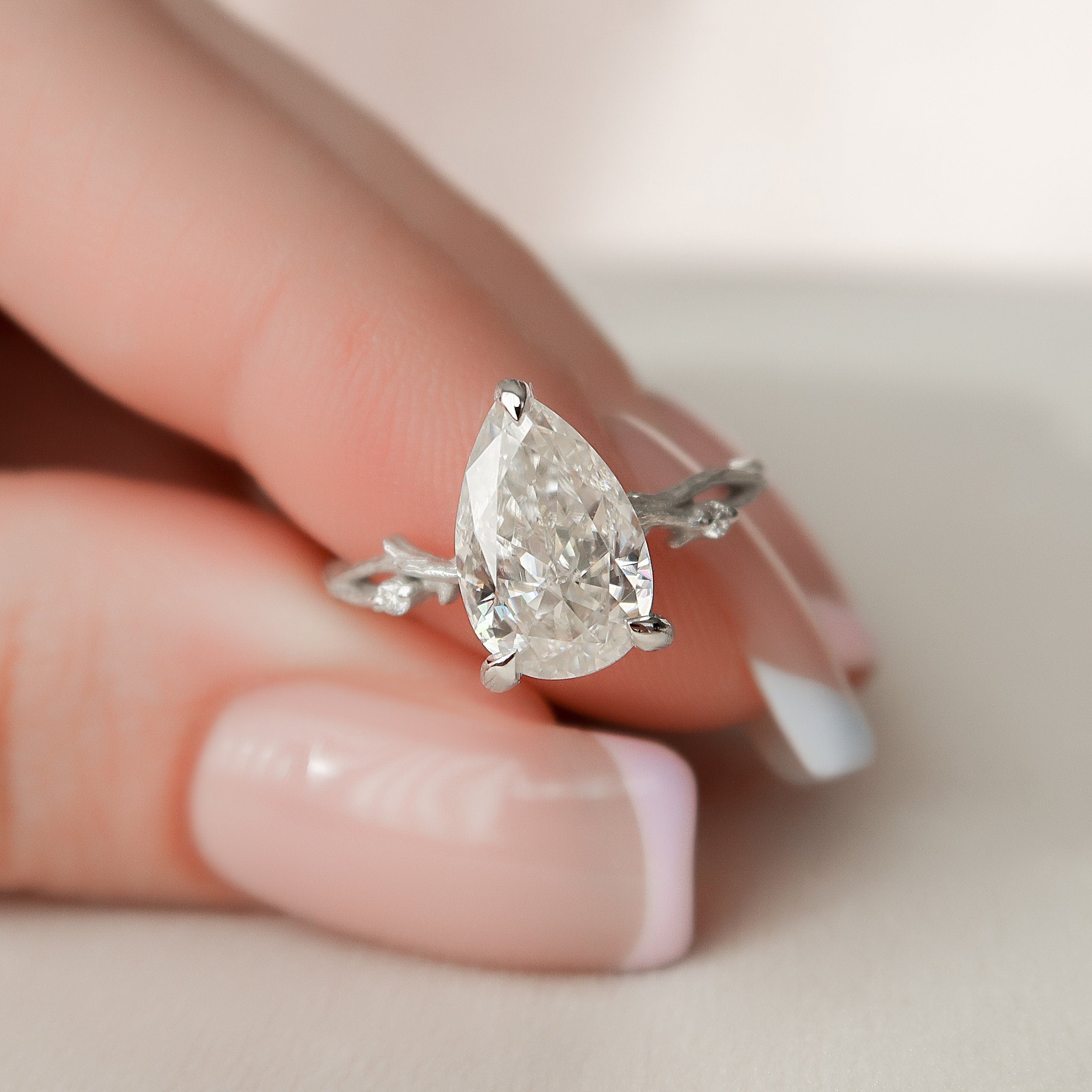 2.0 CT Pear Cut Twig Pave Style Moissanite Engagement Ring 9