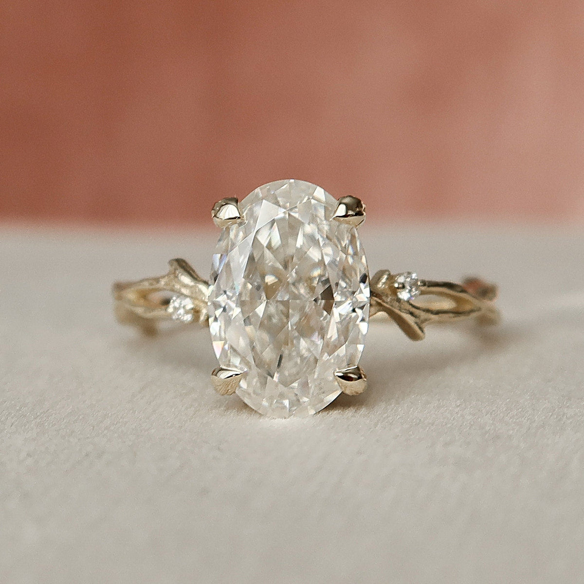 3.5 CT Oval Cut Solitaire & Twig Pave Moissanite Engagement Ring 6