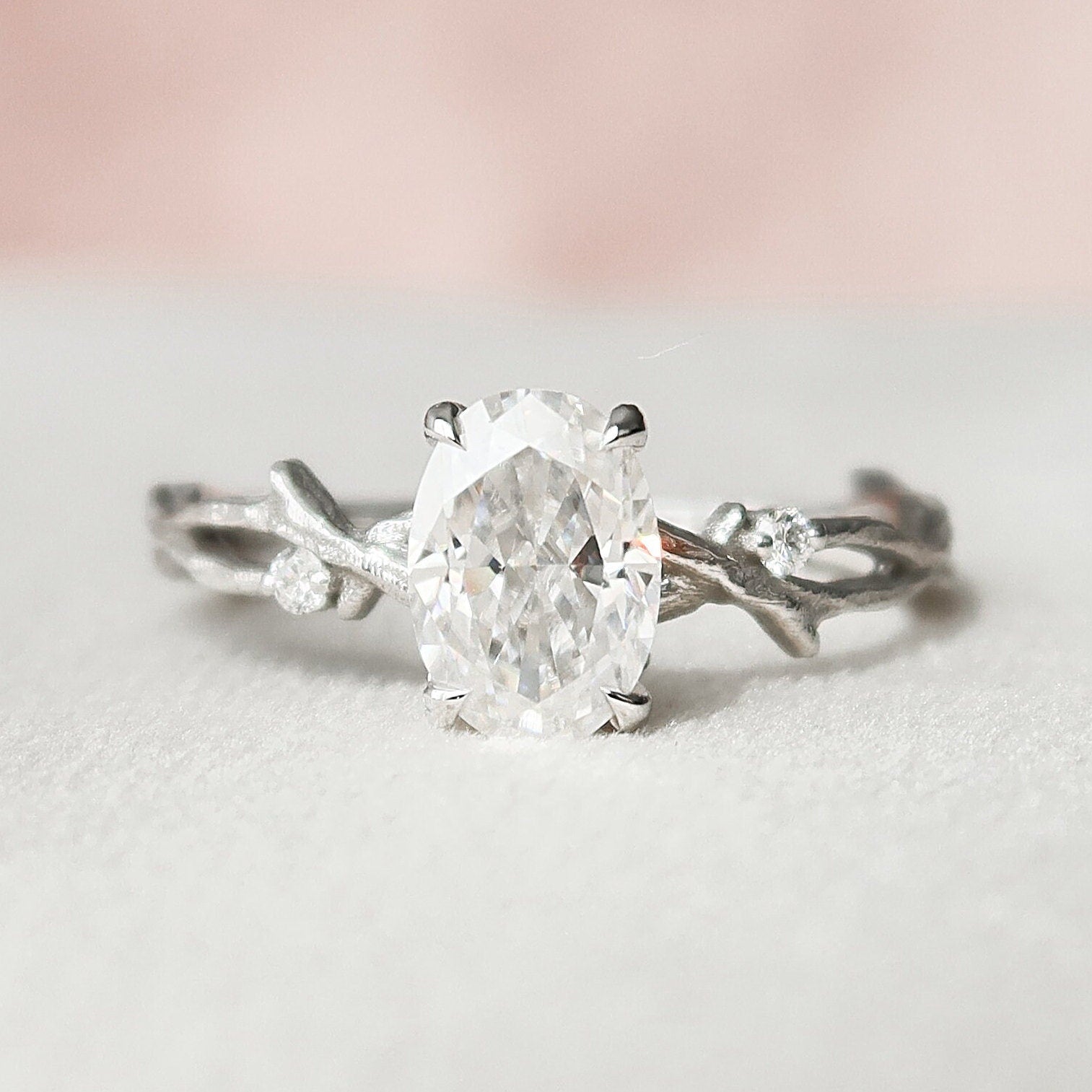 1.0 CT Oval Cut Solitaire & Twig Pave Moissanite Engagement Ring 3