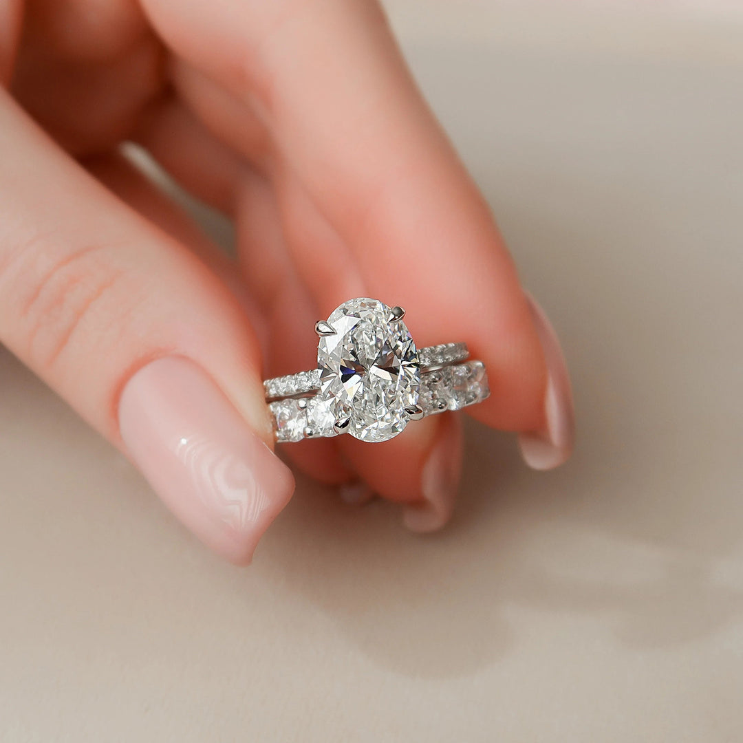 3 CT Oval Cut Hidden Halo & Pave Styled Lab Grown Bridal Ring Set