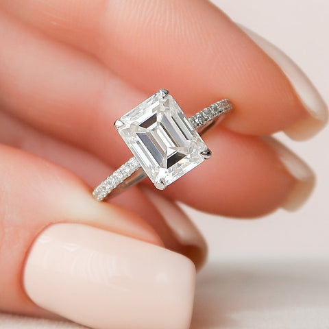 3.0 CT Emerald Cut Hidden Halo & Pave Moissanite Engagement Ring 4