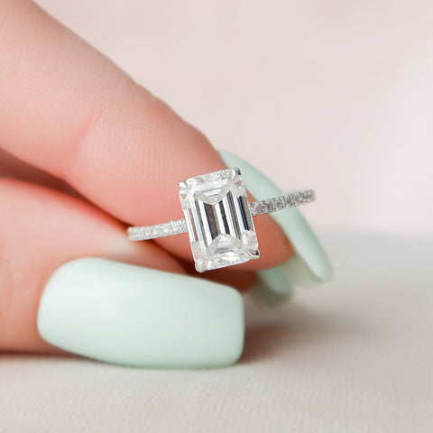 3.0 CT Emerald Cut Hidden Halo & Pave Moissanite Engagement Ring 5