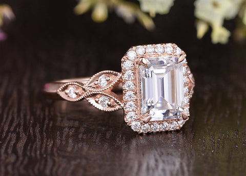 1.0 CT Emerald Cut Halo Moissanite Engagement Ring 3